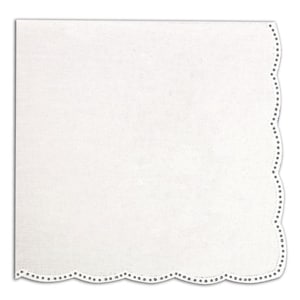 May include: A square, white linen napkin with a scalloped edge. The edge is detailed with small, evenly spaced holes. The fabric has a subtle texture, and the overall design is simple and elegant.