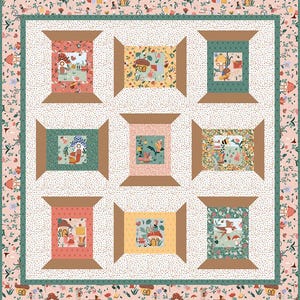 May include: A colourful quilt featuring nine framed scenes with whimsical illustrations. Each scene is set within a brown spool-like frame. The quilt has a white background with small dots and a floral border in shades of pink, green, and brown.