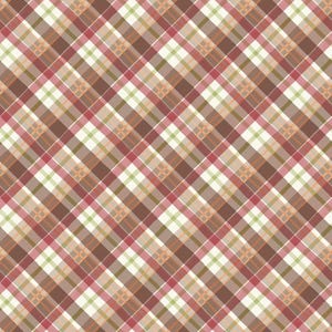 以下が含まれることがあります： 茶色、赤、緑、クリーム色の斜め格子柄。デザインは、交差する線が特徴で、クラシックなタータンまたはフランネルの外観を作り出しています。パターンは均等に配置され、表面全体に繰り返されています。