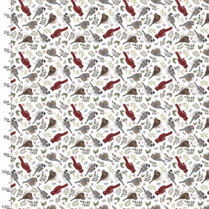 Christmas in the Country Cardinals and Birds in White by 3 Wishes  continuous cuts of Quilter's Cotton Fabric