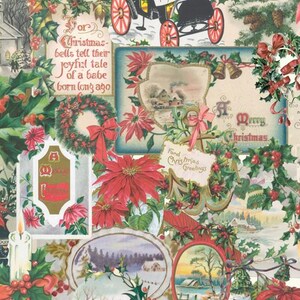 May include: A collage of vintage Christmas imagery featuring poinsettias, holly, wreaths, a horse-drawn carriage, and a church. Text includes 'for Christmas bells tell their joyful tale of a babe born long ago', 'A Merry Christmas', and 'Fond Christmas Greetings'.