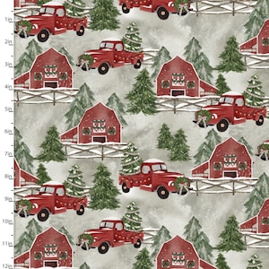 Weihnachten auf dem Lande Roter LKW und Scheune in Salbei von 3 Wishes fortlaufende Schnitte von Quilter&#39;s Cotton Fabric