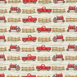 May include: A seamless fabric pattern featuring red trucks and tractors on a white background. The trucks and tractors are repeated in a horizontal row, with a wooden fence separating each row. The pattern is ideal for quilting, crafts, and home decor.