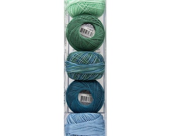 May include: A clear plastic package containing five balls of Lizbeth brand crochet thread in shades of green and blue. The balls are tightly wound and labeled with product information. The brand name is printed at the bottom.