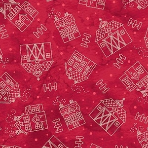 May include: A seamless pattern featuring white outlines of various houses and fences on a red background. The houses are drawn in a simple, stylized manner and include a barn, a house with a star, and a house with a chimney.