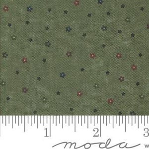 May include: Green fabric with a scattered pattern of small red, blue, and black flowers. The fabric has a subtle texture.