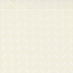 May include: White fabric with a repeating pattern of white scissors.