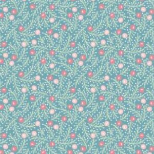 K&ouml;nnte beinhalten: Ein sich wiederholendes Muster aus teal-farbenen Bl&auml;ttern und Zweigen mit roten und rosa Beeren. Das Design enth&auml;lt kleine wei&szlig;e Punkte, die einen detaillierten floralen Druck erzeugen. Geeignet f&uuml;r Stoff oder Tapeten.