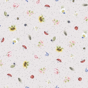 May include: A seamless pattern featuring a variety of floral and nature-inspired elements on a light gray background. The pattern includes sunflowers, mushrooms, butterflies, ladybugs, and other small details.