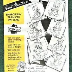 May include: Iron-on embroidery transfer pattern sheet with a design of a cat for each day of the week. The sheet is 10" x 24" and can be re-used.  Aunt Martha's #3975 Cat of all Trades.