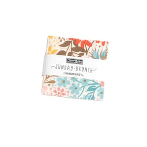 Może przedstawiać: Mały kwadratowy kawałek tkaniny z kwiatowym wzorem w odcieniach różowego, niebieskiego, żółtego i brązowego. Tkanina jest oznaczona "SUNDAY BRUNCH" i "BASICGREY."