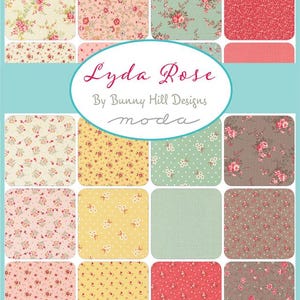 Lyda Rose, da Bunny Hill Designs para a Moda Fabrics. Pacote com 42 mini quadrados de algodão para patchwork, medindo 2,5 x 2,5 polegadas.