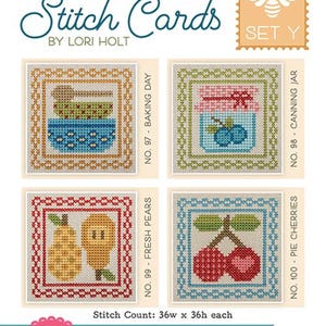 May include: A set of four cross-stitch cards with food-themed designs. Each card features a different image: a bowl with a spoon, a jar of blueberries, two pears, and two cherries. The text "BEE IN MY BONNET Stitch Cards" is at the top.