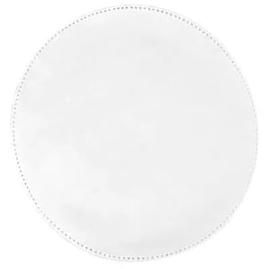 May include: White round placemat with a decorative stitched edge.