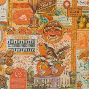 May include: A vintage collage featuring a variety of images, including a bird, a house, a trophy, and various labels and stamps. The collage is in shades of orange, brown, and white, with a delicate lace pattern in the background. The text on the labels includes "Coraline", "Flourine", "Alice", "Empress Art of Beauty", and "Jersey Seal".