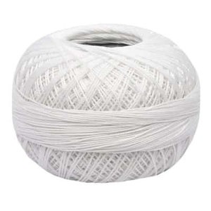 May include: A tightly wound ball of white thread, suitable for sewing or crafting. The thread is wrapped in a spherical shape, with a hole in the center. The thread is a bright white color.