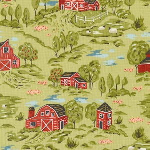 Vintage Farmstead Landscape Scene in Celery by Stacy Iest Hsu for Moda continuous cuts of Quilter&#39;s Cotton Fabric