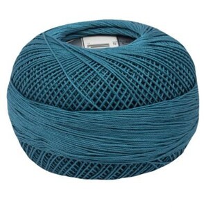 May include: A ball of teal blue yarn, wound into a ball shape. The yarn is made of cotton and is ready to be used for knitting or crocheting.
