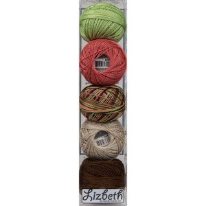 May include: A set of five balls of Lizbeth embroidery floss in a clear plastic box. The colors are green, red, brown, beige, and a multi-colored variegated yarn.