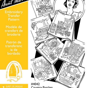 May include: Aunt Martha's embroidery transfer pattern sheet featuring six country porch designs. Each design is approximately 6" x 7". Includes images of rocking chairs, swings, and other porch elements. The sheet is iron-on and can be used for embroidery, painting, and quilting.