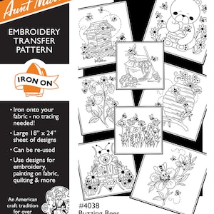 May include: An Aunt Martha's embroidery transfer pattern sheet with multiple designs featuring bees, beehives, and flowers. The sheet is 18" x 24" and includes the text "Buzzing Bees" and "Iron On". Each design is approximately 7" x 6".