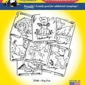 May include: Iron-on transfers with charming designs for embroidery, fabric painting, quilting, and stamping. The transfers include various images of dogs with the days of the week. The text "Aunt Martha's" is at the top.