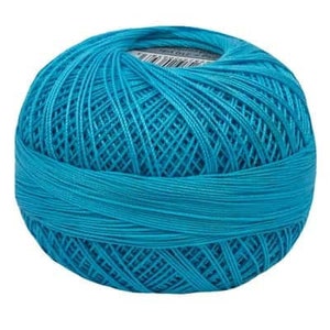 May include: A ball of turquoise crochet thread, tightly wound and textured. The thread is a vibrant shade of blue-green, ideal for various crafting projects. The thread is neatly packaged, ready for use in crochet, knitting, or other textile arts.