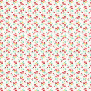 May include: A white background with a repeating pattern of small red, yellow, and green flowers. The flowers are arranged in vertical rows with small red dots scattered throughout the background.