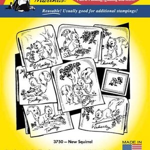 May include: A package of Aunt Martha's Iron-on Transfers featuring black and white line art illustrations of squirrels for each day of the week. The yellow packaging includes the text 3750 - New Squirrel and Made in U.S.A. with a flag icon.