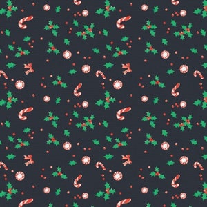 May include: A seamless pattern featuring a repeating design of candy canes, holly sprigs, and peppermint candies on a dark blue background.