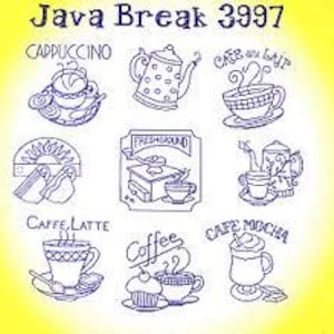 May include: Line art illustrations of coffee-related items, including cups, teapots, and a coffee maker, with the text "Java Break 3997" at the top. The image features various coffee drinks like cappuccino, café au lait, and café mocha.