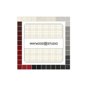 May include: A fabric swatch with a cream and beige plaid pattern, surrounded by a colour palette of various shades of cream, beige, red, and black. The text "MAYWOOD STUDIO" is displayed on a white banner across the swatch.