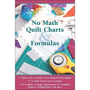 May include: A book cover titled "No Math Quilt Charts & Formulas" with a diamond-shaped overlay. The cover features quilting tools and fabric scraps. A yellow rotary cutter and a green cutting mat are visible. The text below lists features of the book.