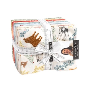 May include: A stack of fabric squares featuring a white background with illustrations of farm animals, leaves, and berries. The fabric is tied with a white ribbon and a measuring tape. The label reads "moda fabrics + supplies".