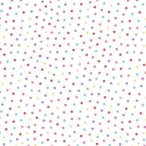 Puede incluir: Un fondo blanco con un patrón repetitivo de puntos de colores. Los puntos son en tonos de rojo, naranja, amarillo, verde, azul y morado.