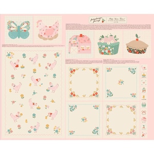May include: A fabric panel with a farmhouse theme, featuring illustrations of a butterfly, hen, house, basket of flowers, and a pie. The panel also includes a pattern of hens, flowers, and ducks. The color palette includes pink, blue, and yellow.