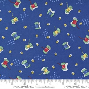 30&#39;s Playtime Ma&#39;s Sewing Box Retro Thread Buttons in Bluebell by Moda continuous cuts of Quilter&#39;s Cotton Fabric