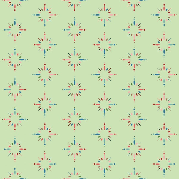 Happiness is Homemade Sputnik by Maywood Studio.  Quilter's Cotton Fabric with vintage style for sewing.  Continuous Cuts.