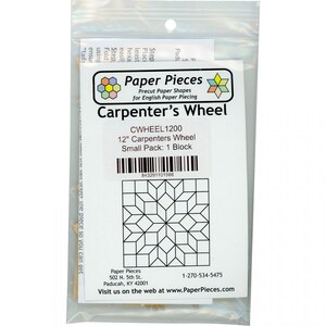 May include: A white package with a black and white image of a 12-inch Carpenter's Wheel paper piecing pattern. The package is labeled "Paper Pieces" and includes the product code "CWHEEL1200".