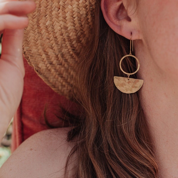 Beaten Brass, Gold Tempest 'Umbra' Abstract Geometric Hammered Statement Earrings, Made in Cornwall, Plastic Free. Bridal, Ready to Gift.