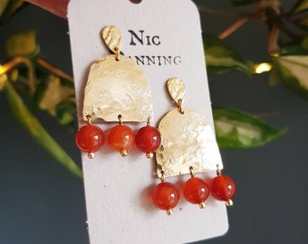 Beaten Brass and Carnelian Stud 'Hestia' Statement Earrings, Gold Arch and Orange Red, Made in Cornwall, Plastic Free, Ready to Gift.