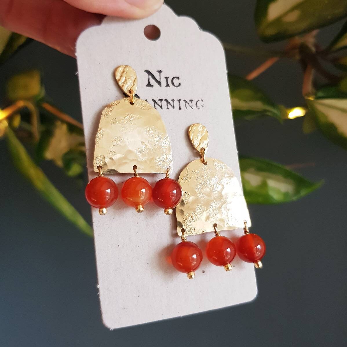 Beaten Brass & Carnelian Stud