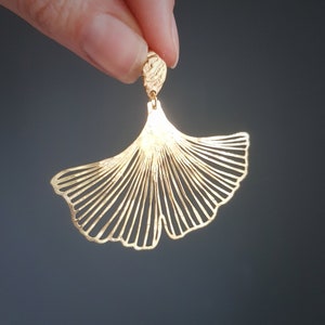 Golden Leaves Stud MAXI 'Ginkgo' Earrings, Hammered Brass, Made in Cornwall. Plastic free Product, Ready to Gift. image 1