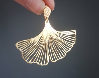 Golden Leaves Stud MAXI 'Ginkgo' Earrings, Hammered Brass, Made in Cornwall. Plastic free Product, Ready to Gift.