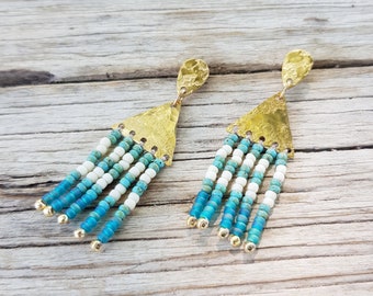 Turquoise and Teal Beaten Brass Striped Beaded Fringe Stud Earrings, Karenza 'Porthcurno' Made in Cornwall, Plastic Free. Ready to Gift