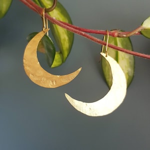 Beaten Brass, Gold Tempest 'Artemis' Large Moon Hammered Statement Earrings, Handmade in Cornwall, Plastic Free. Bridal, Ready to Gift.