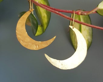 Beaten Brass, Gold Tempest 'Artemis' Large Moon Hammered Statement Earrings, Handmade in Cornwall, Plastic Free. Bridal, Ready to Gift.