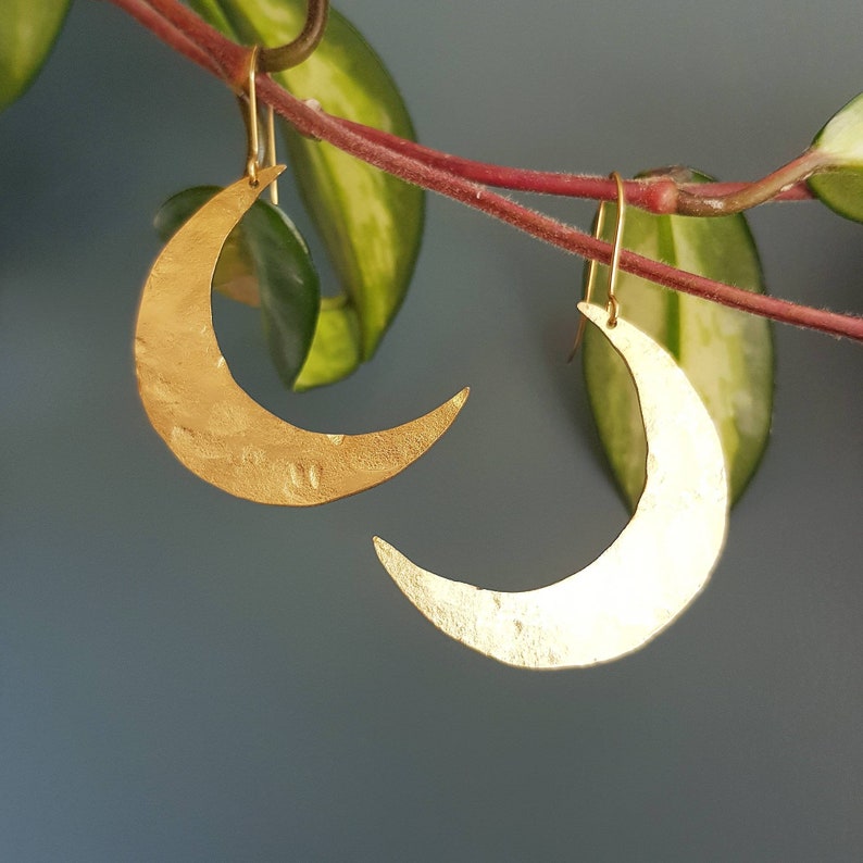 Beaten Brass, Gold Tempest 'Artemis' Large Moon Hammered Statement Earrings, Handmade in Cornwall, Plastic Free. Bridal, Ready to Gift. image 2