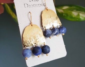 Beaten Brass Blue Sodalite Statement Earrings with gold wires, Gold Arch, Titans, Handmade, Plastic free Product, Ready to Gift.