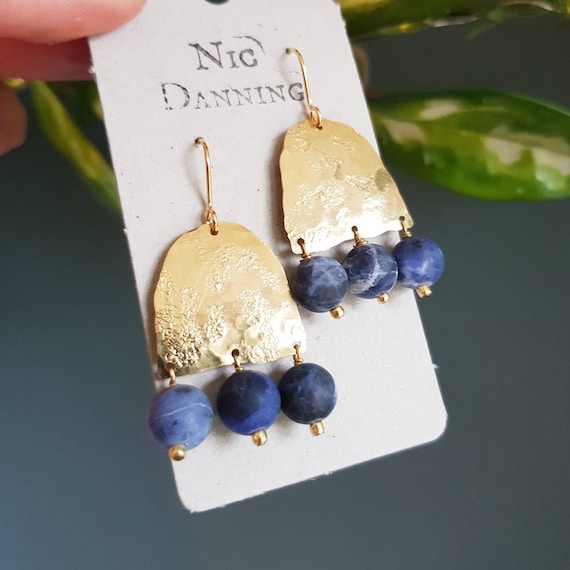 Beaten Brass Blue Sodalite Statement Earrings with gold wires, Gold Arch, Titans, Handmade, Plastic free Product, Ready to Gift.